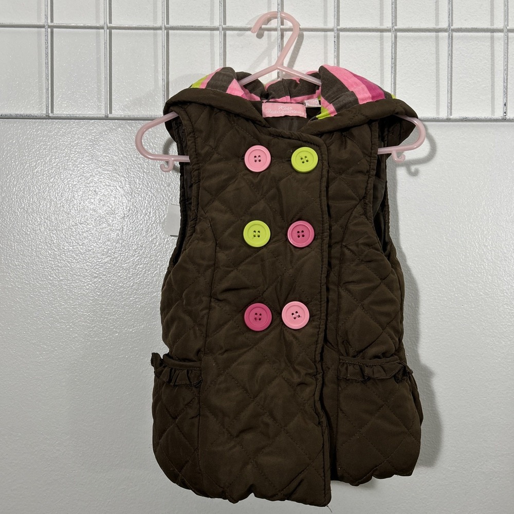 Kids Headquarters Girls 3T Winter Brown Pink Stripe Hoodie Vest Buttons B120